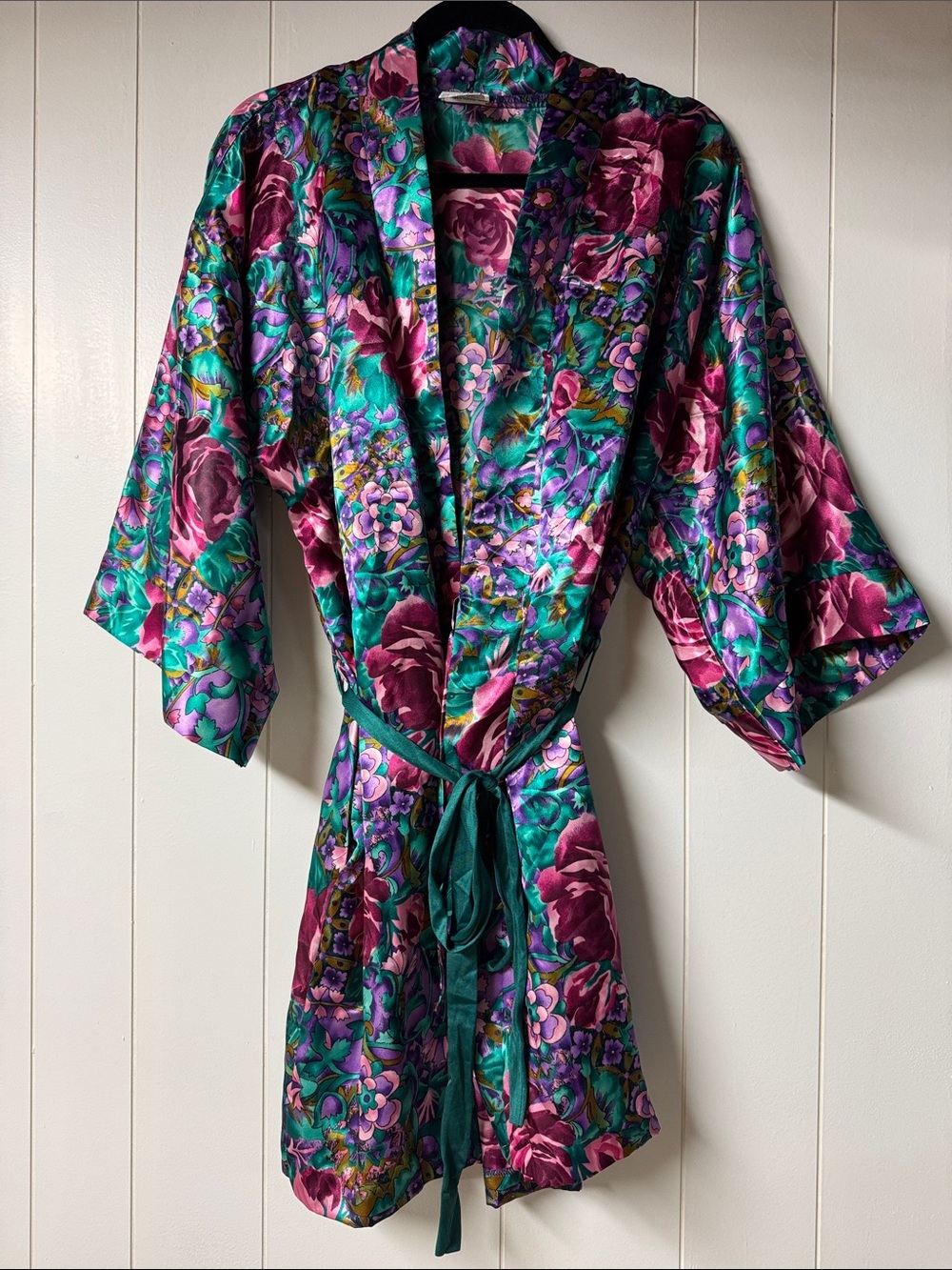 Luxurious Floral Satin Kimono Robe in Teal & Magenta - Women Intimates